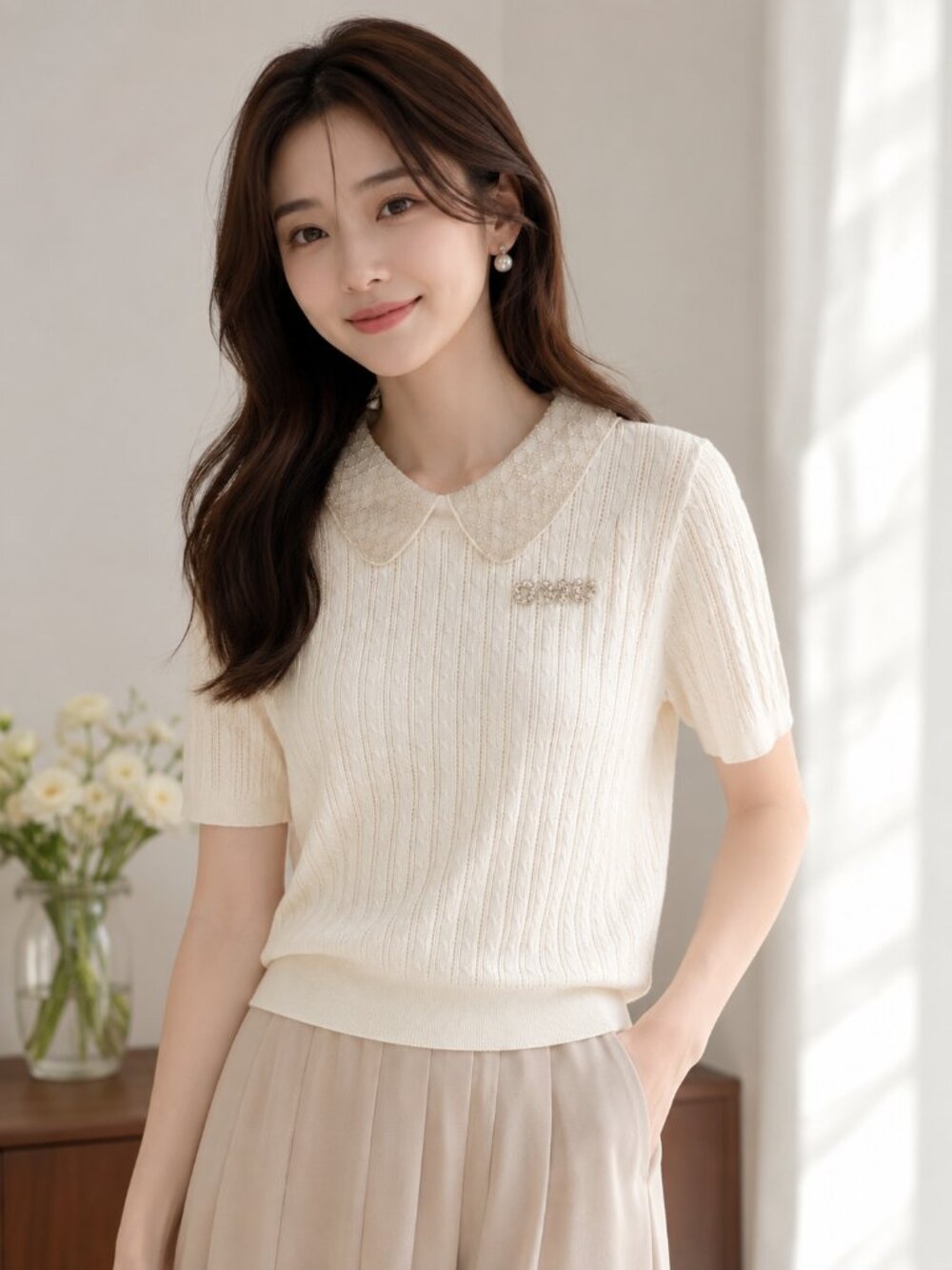NWT Cream Knit Top Peter Pan Beaded Collar Size S